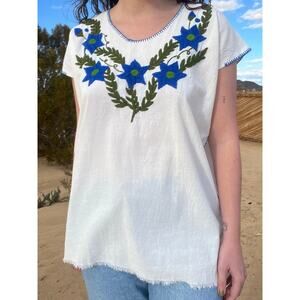 Vintage White and Blue Embroidered Floral Mexican Peasant Blouse